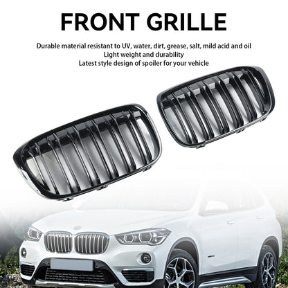 2PCS Gloss Black Front Kidney Grill Grille Fit BMW X1 F48 F49 2016-19 2017