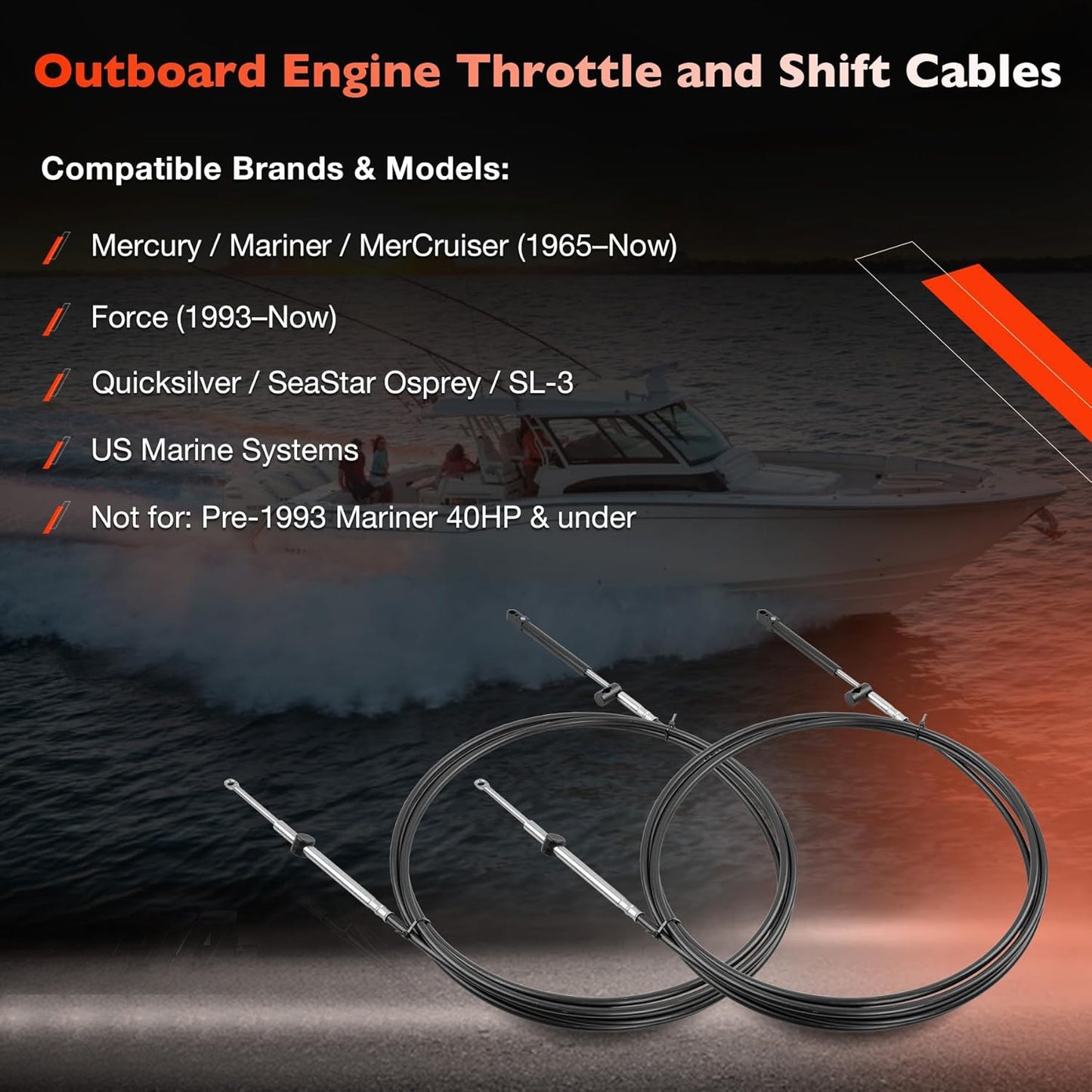 2Pcs 19FT Outboard Throttle Shift Control Cables GEN 1 For Mercury MerCruiser