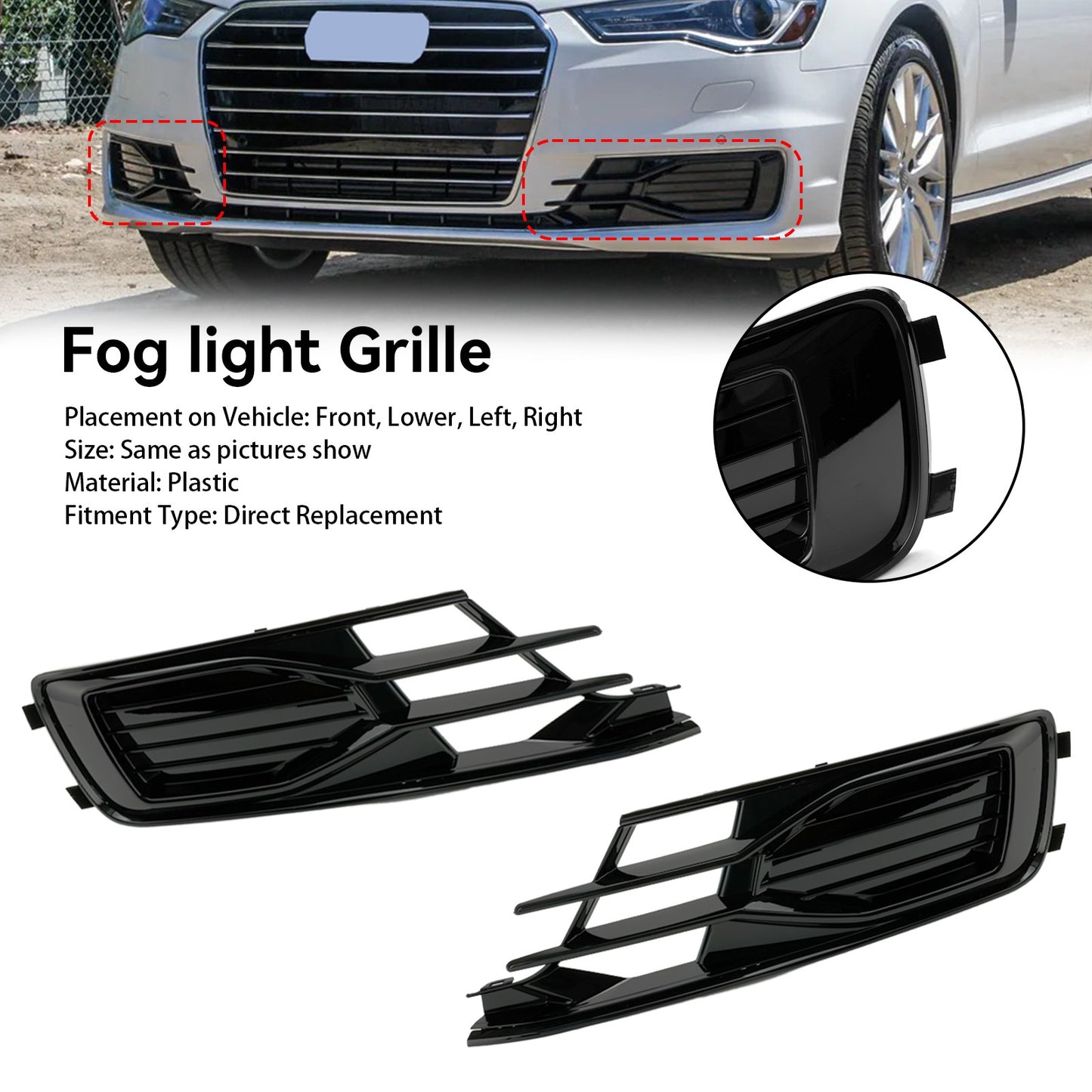 2PCS Front Bumper Foglight Cover Grill Grille Fit Audi A6 C7 2014-2018 Black