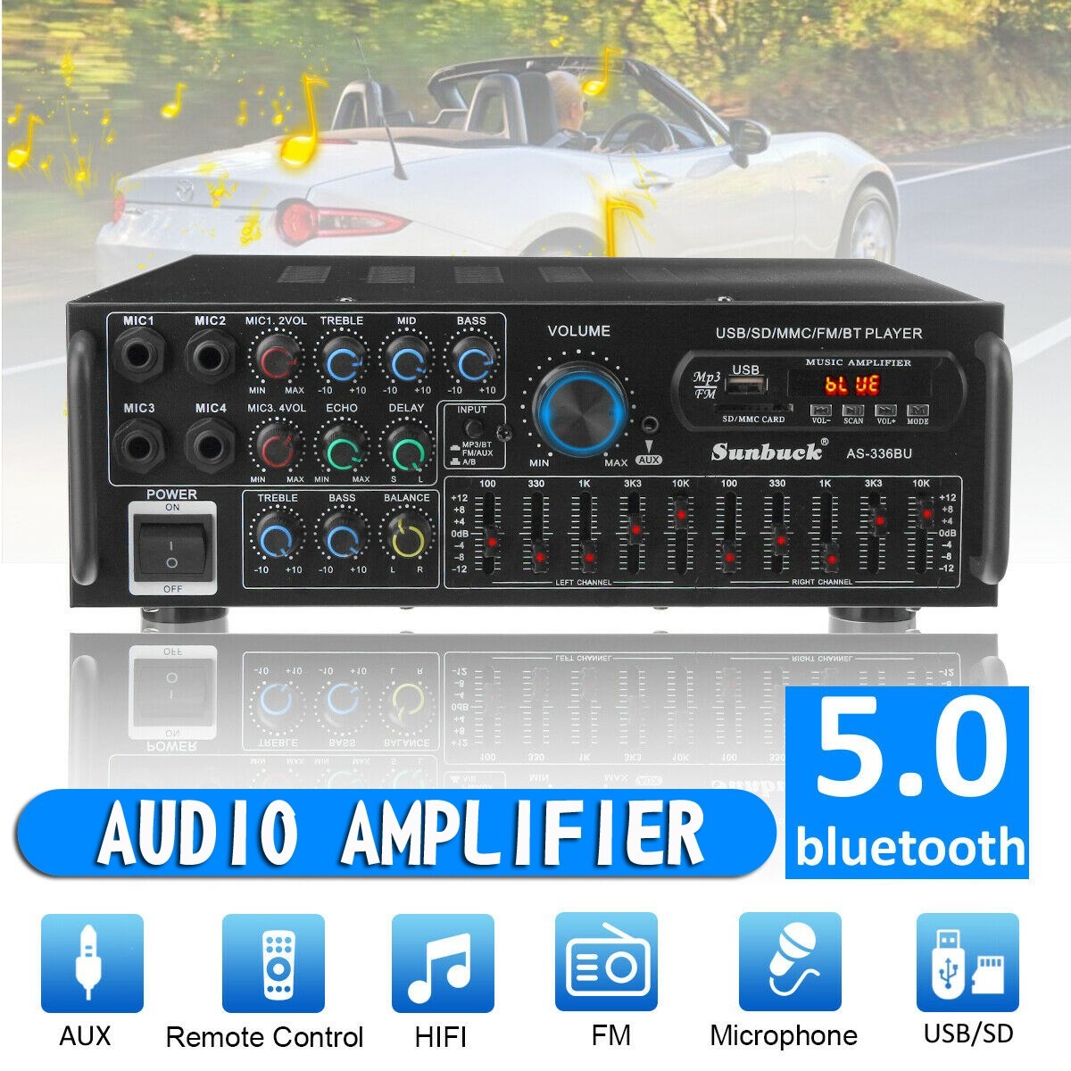 Sunbuck Bluetooth 5.0 HiFi Stereo Power Amplifier 2000W Home Audio FM USB AUX
