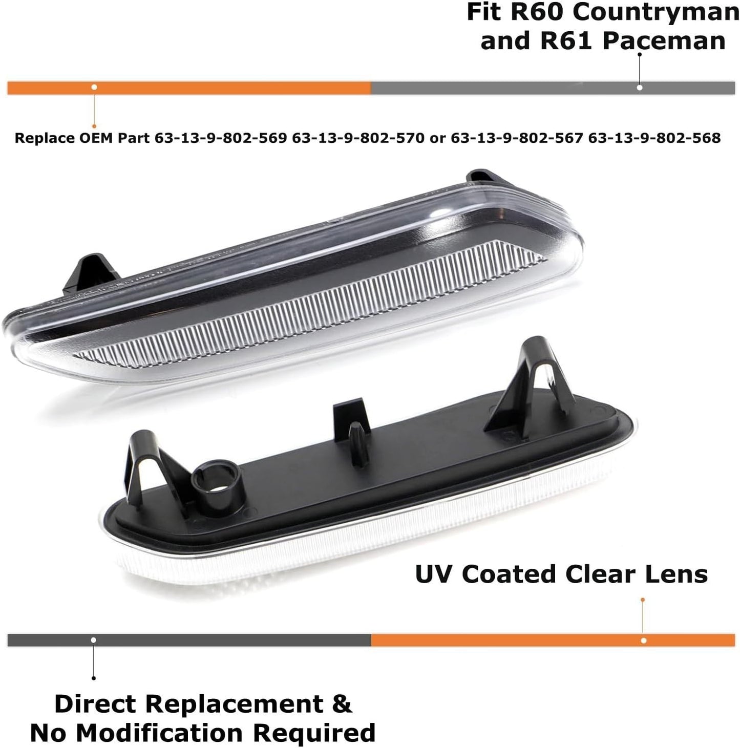 For Mini Cooper Countryman 2012-2017 R60 R61 Fender Side Marker Light Clear Lens