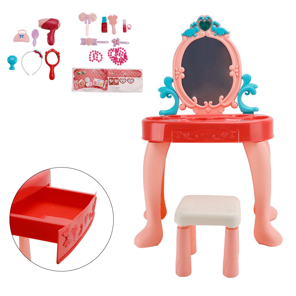 Toddler Makeup Table w/ Mirror & Chair Kids Vanity Set with Blowdryer for 3+