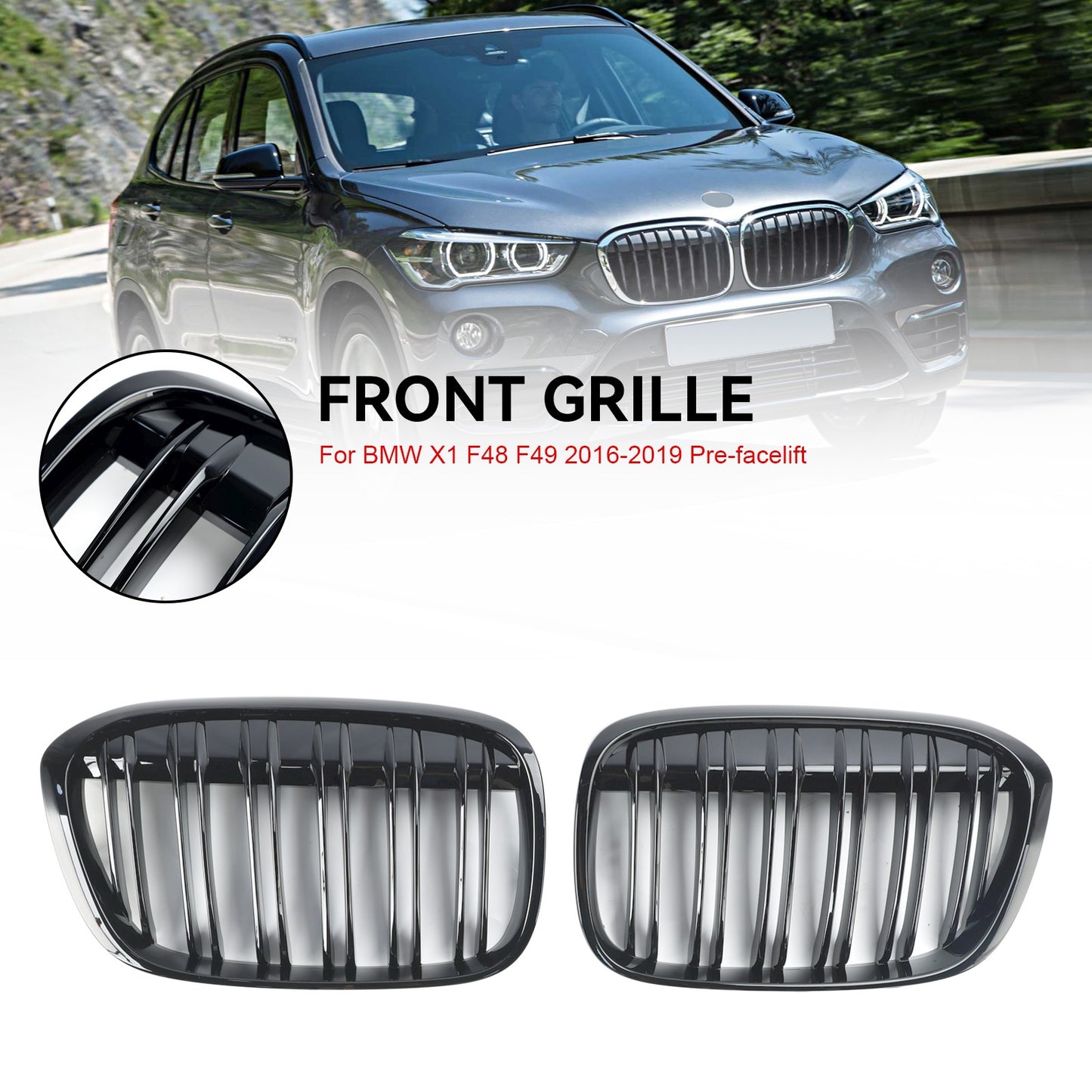 2PCS Gloss Black Front Kidney Grill Grille Fit BMW X1 F48 F49 2016-19 2017