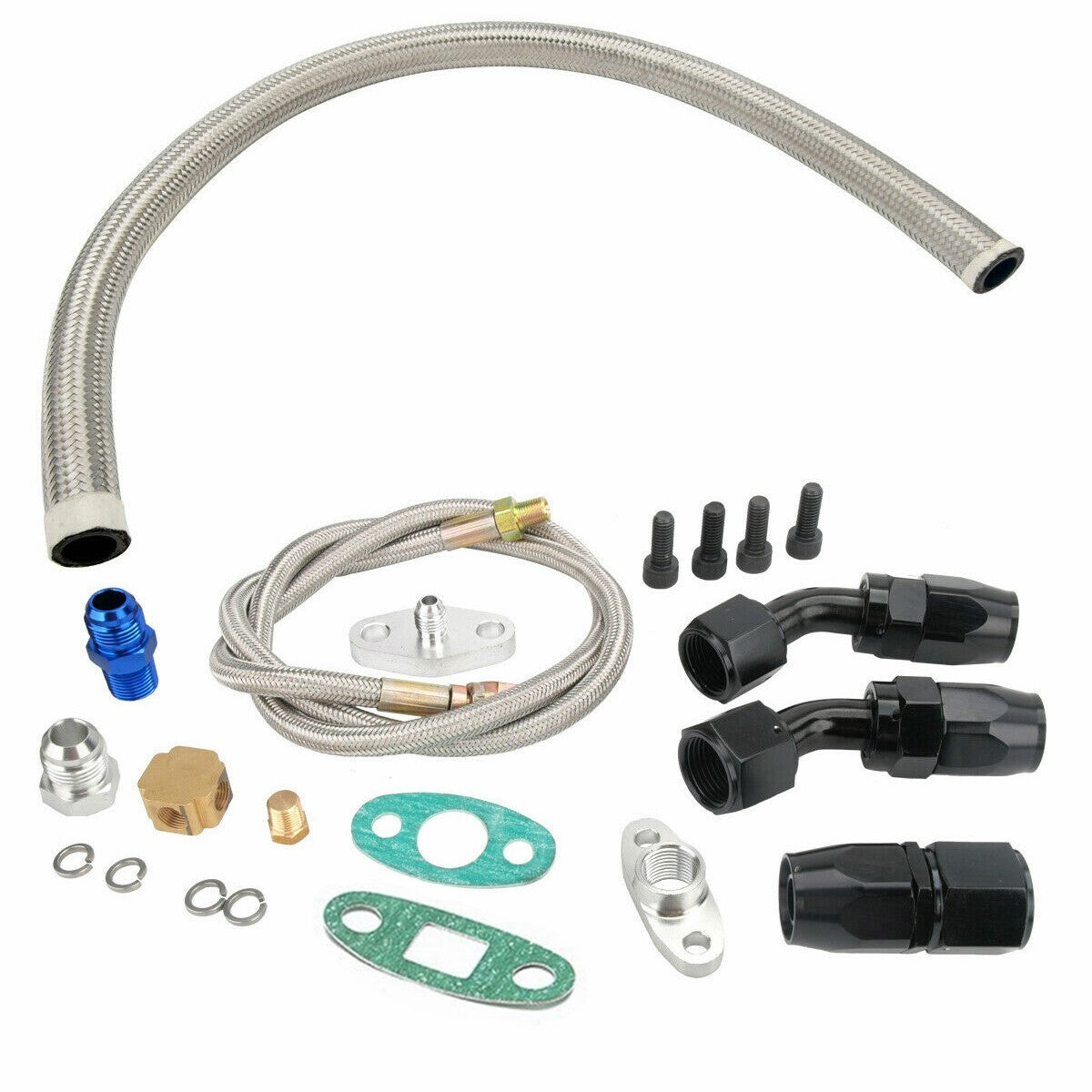 Universal Turbo Oil Line Feed Kit + Return Drain Flange T3 T4 T04E Oil Pan Plug