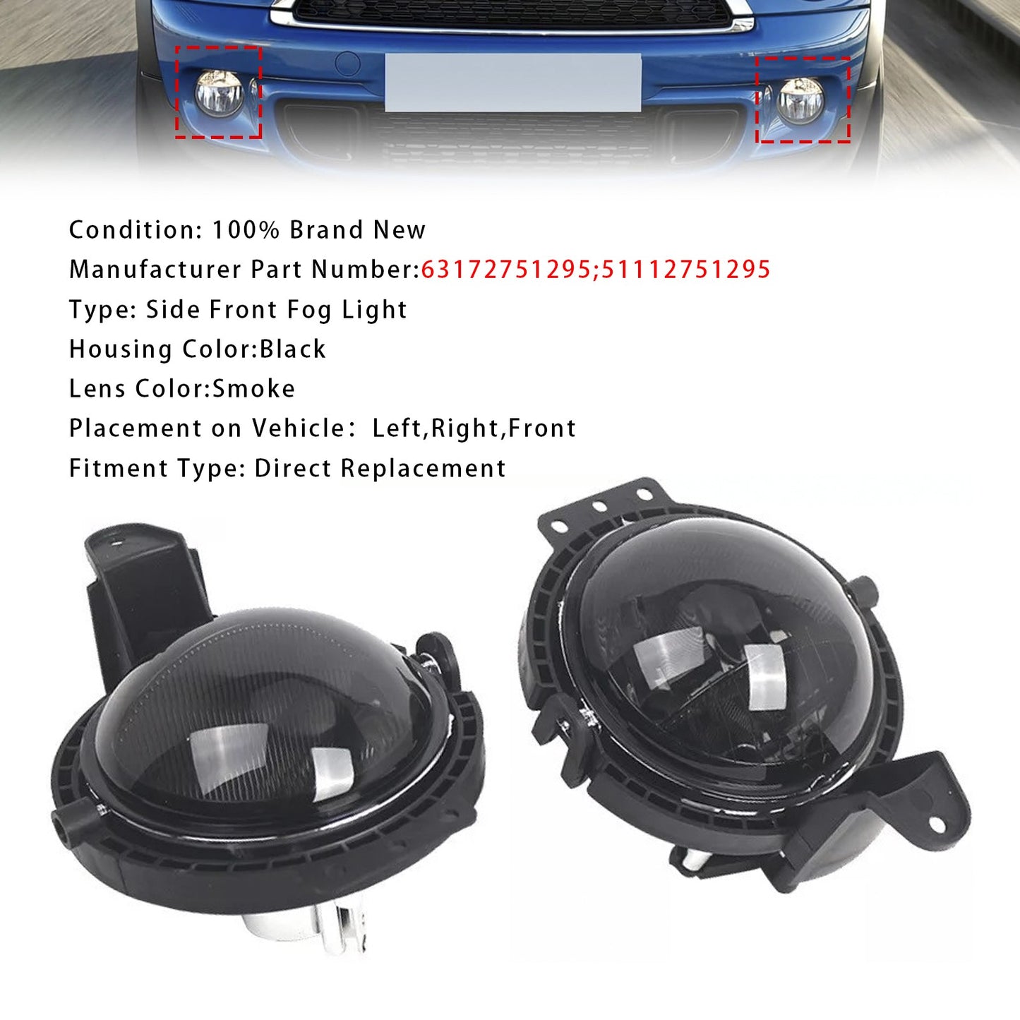 Pair Front Bumper Fog Light For Mini R55 R56 R58 R59 R60 63172751295 Smoke Lens