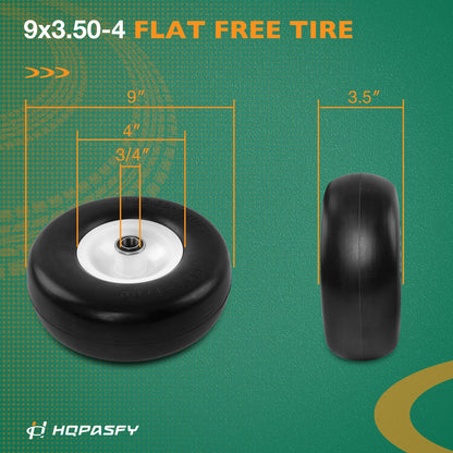 2x 9x3.50-4 Front Flat Free Tire Wheel Set w/ Bearings For Zero-Turn Lawn Mower