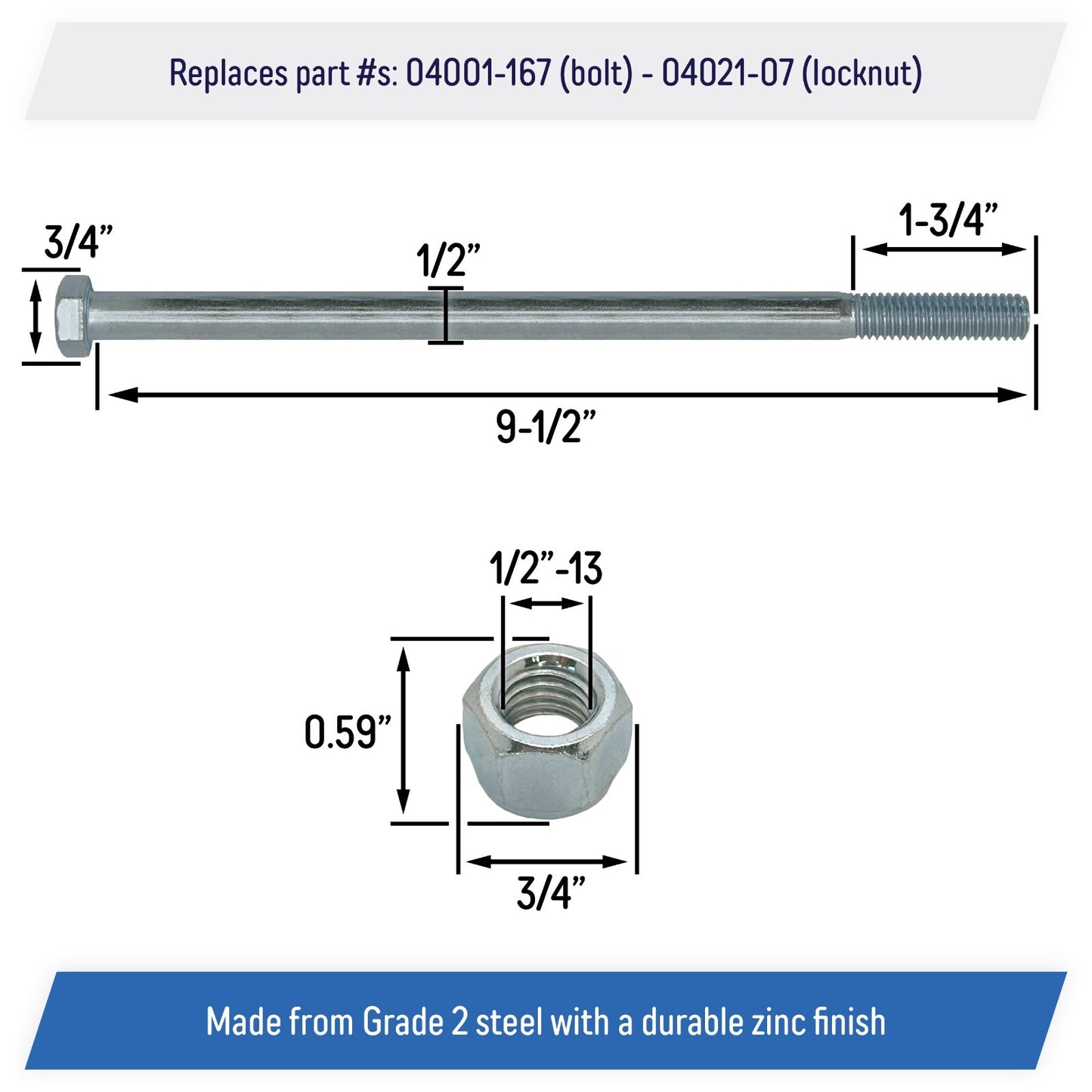 Wheel Axle Bolt Set 1/2-13 x 9-1/2" for SCAG Turf Tiger Cubs 04001-167