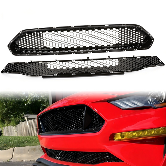 Solid Spare For 2018-2022 Ford Mustang Front Upper Grille + Lower Mesh Grill Honeycomb Black