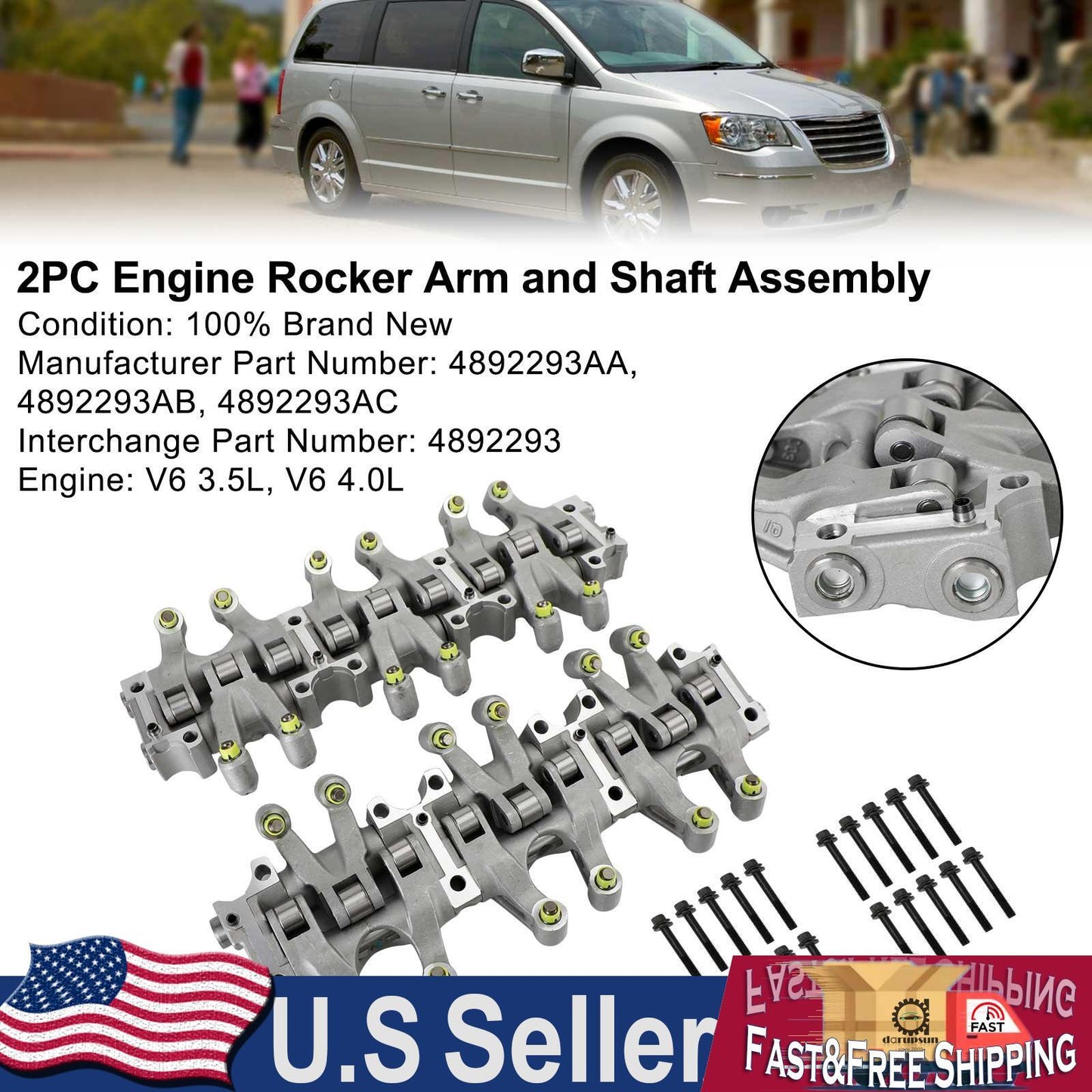 2PC Engine Rocker Arm and Shaft Assembly for Chrysler Dodge 3.5L 4.0L 4892293AC