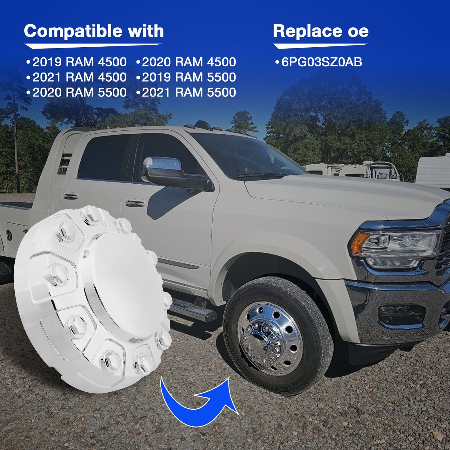 2X Chrome Front Wheel Center Hub Cap Cover For 2019-21 Ram 4500 5500 6PG03SZ0AB