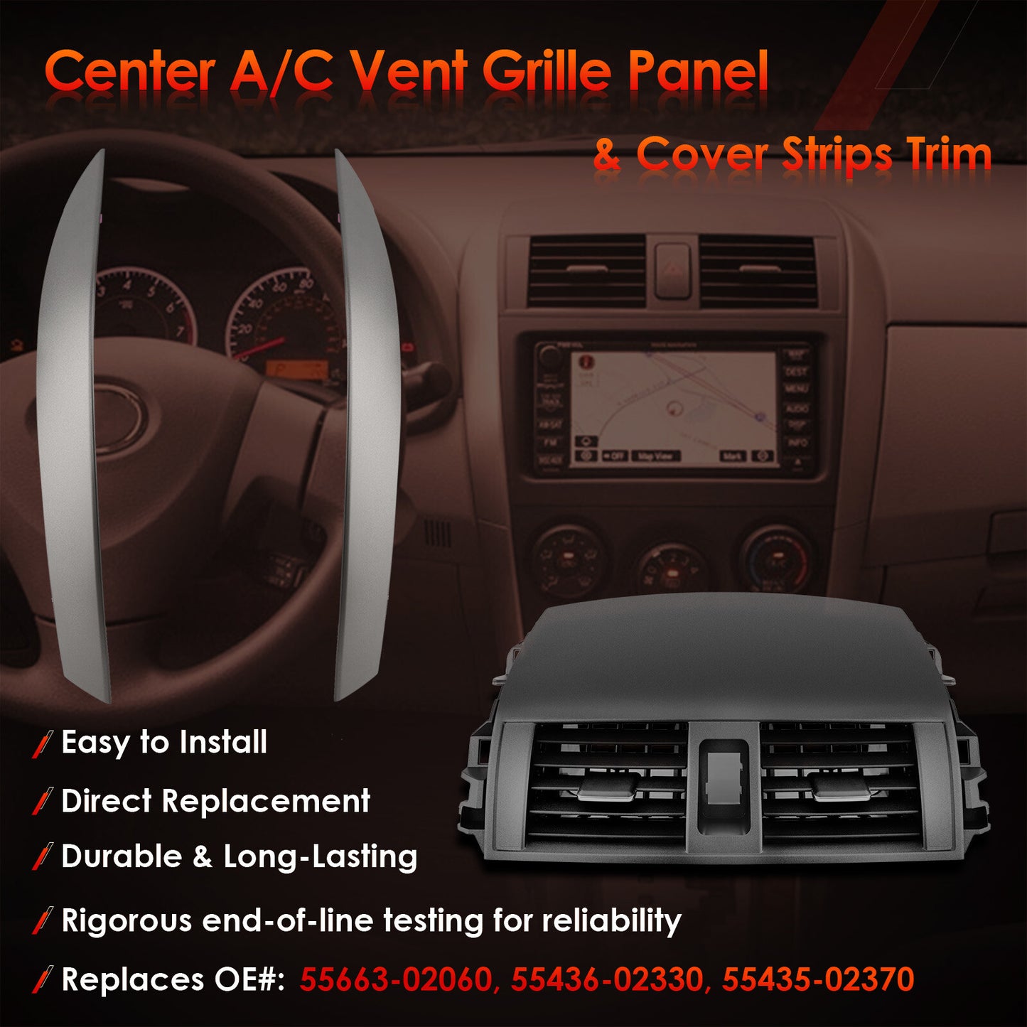 Center AC Dash Air Vent Trim Panel Cover w/ Strips Trim For 08-13 Toyota Corolla