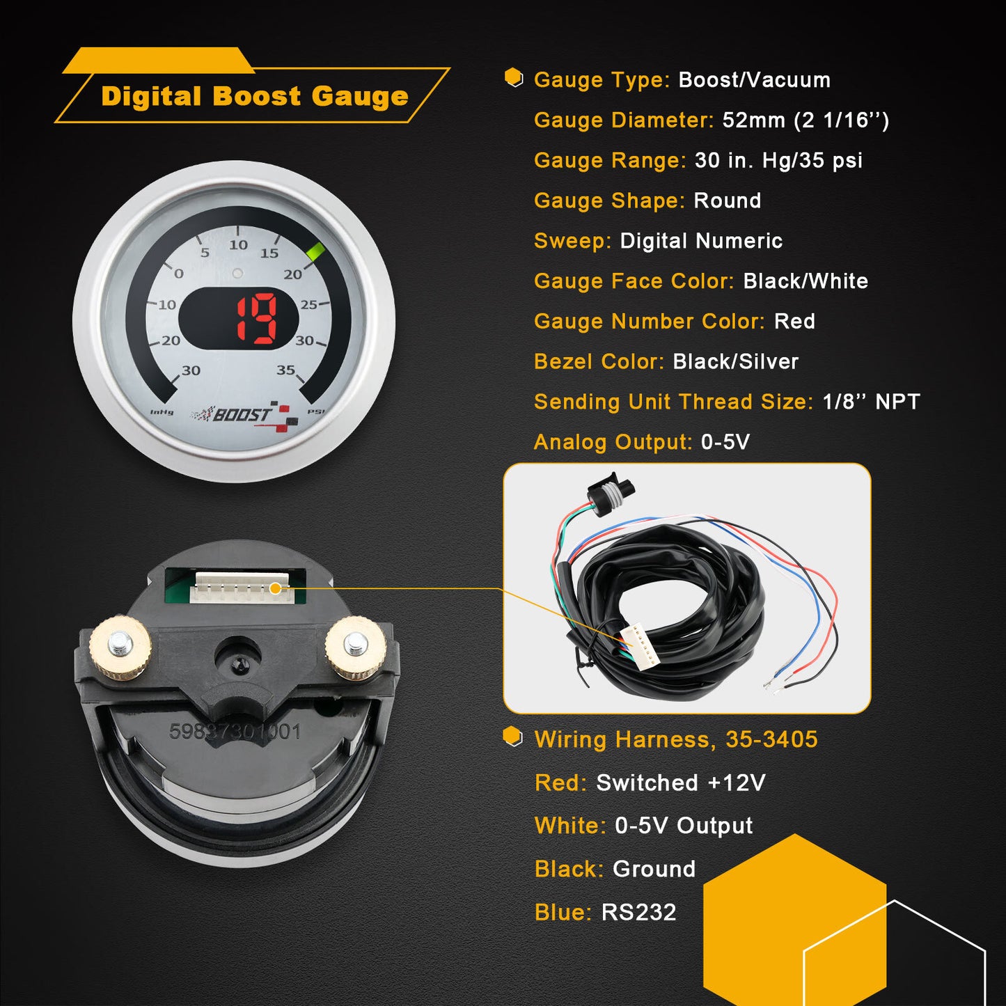 Digital Boost Pressure Gauge Kit For 30-4406 X-Series -30inHg ~ 35PSI / 1~2.5BAR