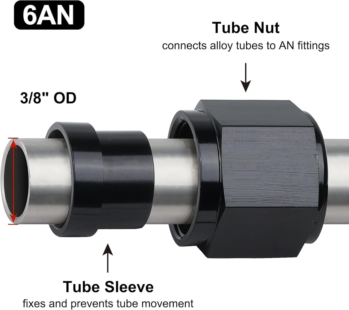 2 Sets 6AN Female To 3/8" Tube Nut & Sleeve 37 Degree Aluminum Black Hardline