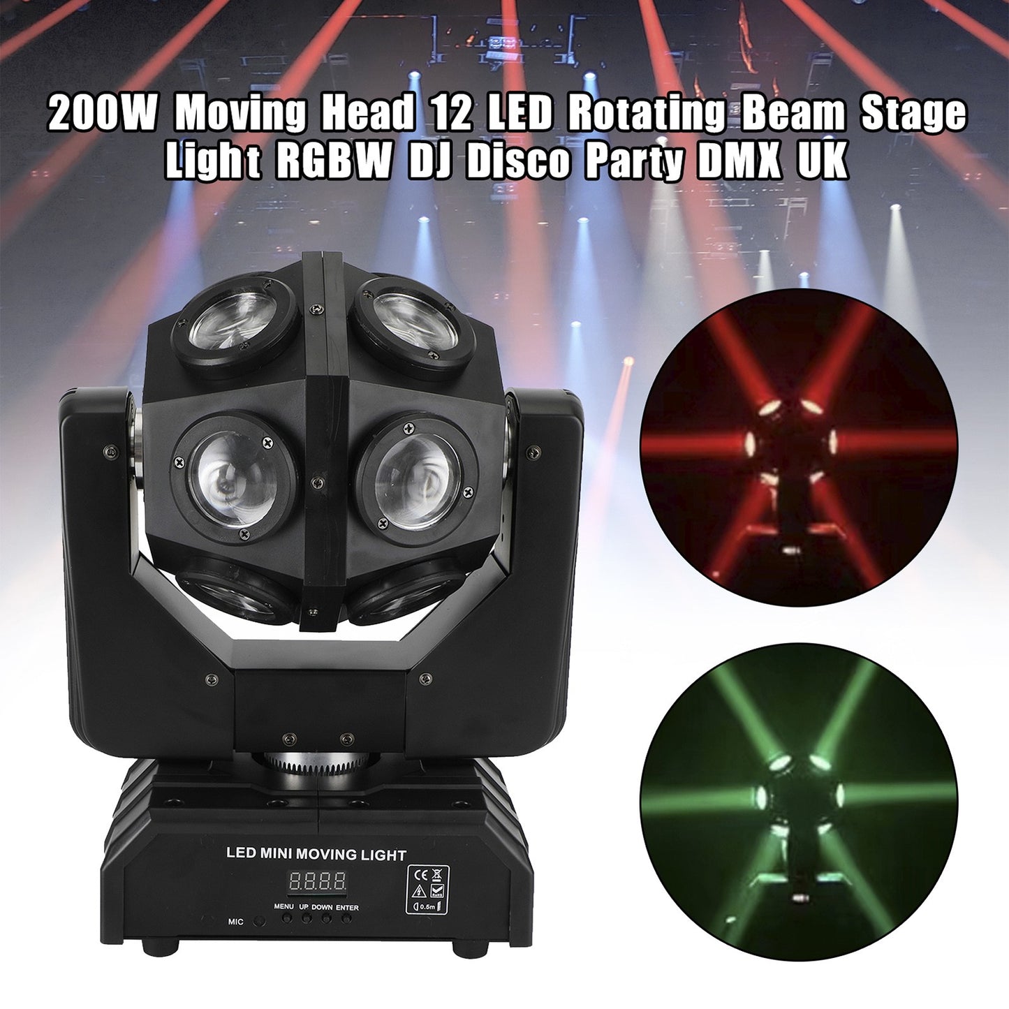 200W Moving Head 12 LED Rotating Beam Stage Light RGBW DJ Disco Party DMX US
