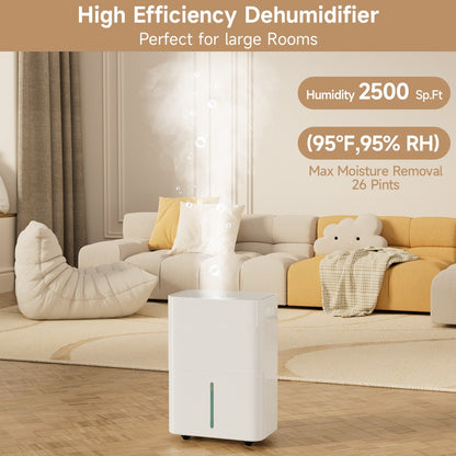2500 Sq. ft Dehumidifier for Basement Large Room, 26 Pints, 3 Modes, Drain Hose