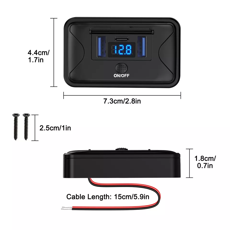 12V Dual USB QC3.0 & PD Port Car Fast Charger Socket Power Outlet On-Off Switch