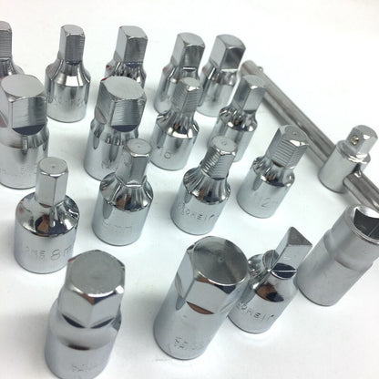 Oil Drain Pipe Plug Hexagon Square Socket Key Removal Tool Set 18Pcs  3/8''Drive