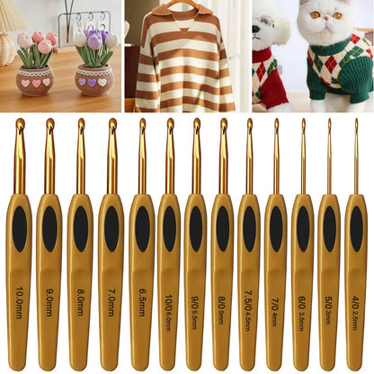 13PCS Ergonomic Crochet Hooks Set Soft Grip Handle Alloy Knitting & Weaving Tool