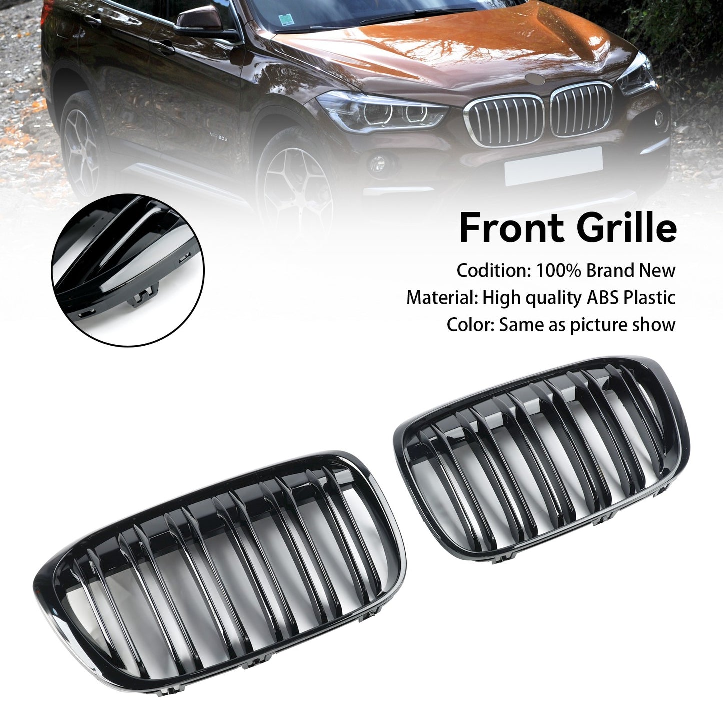 2PCS Gloss Black Front Kidney Grill Grille Fit BMW X1 F48 F49 2016-19 2017