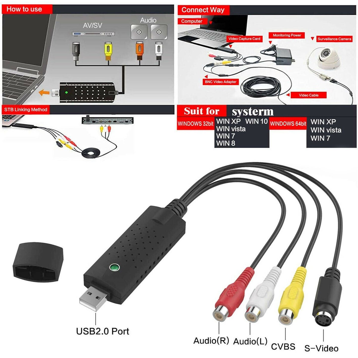 Video Capture Card VCR VHS to Digital DVD Converter Fit for Mac Windows 10 8