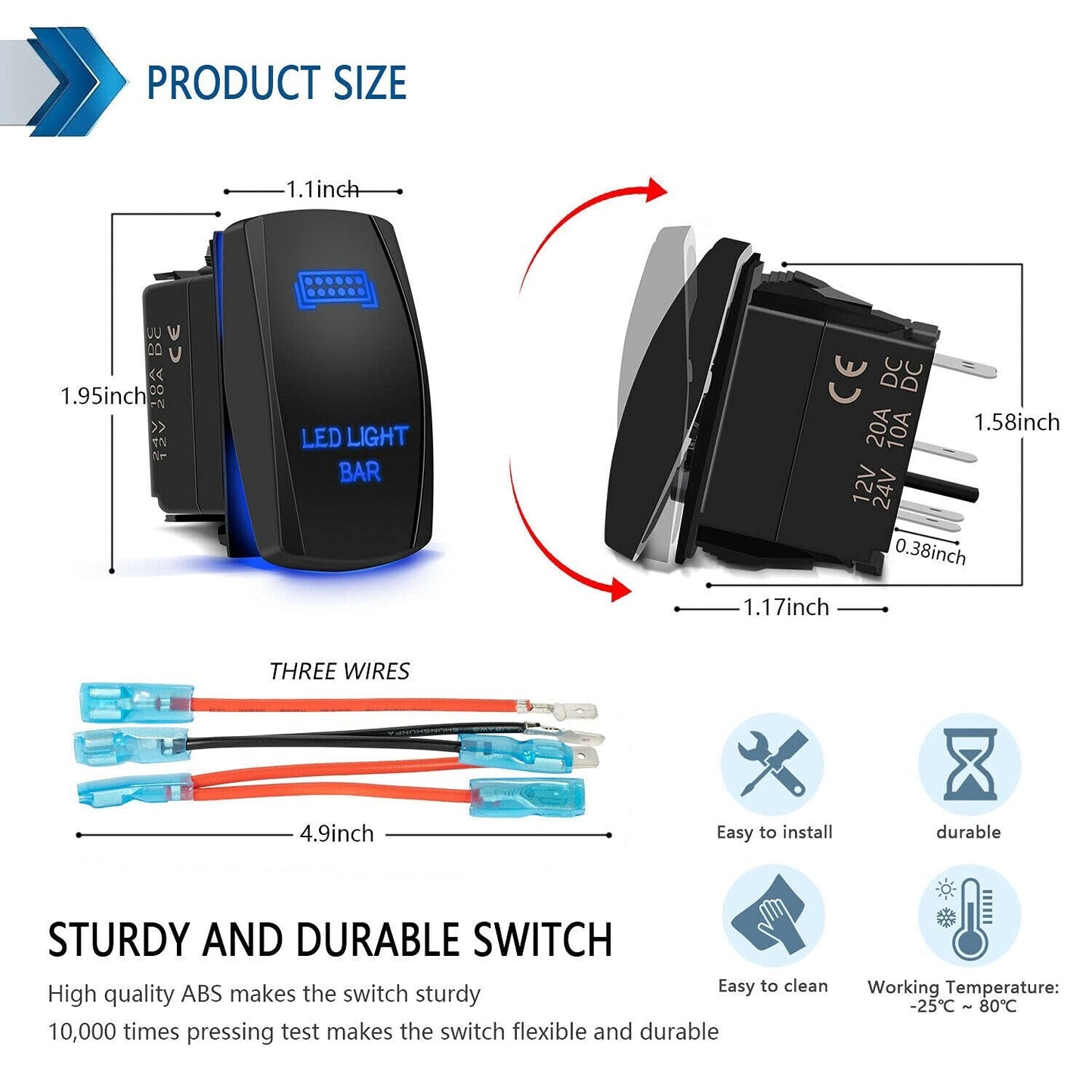2pcs Blue Rocker Switch Rear Light + LED Light Bar Toggle 5 Pin for Car ATV UTV