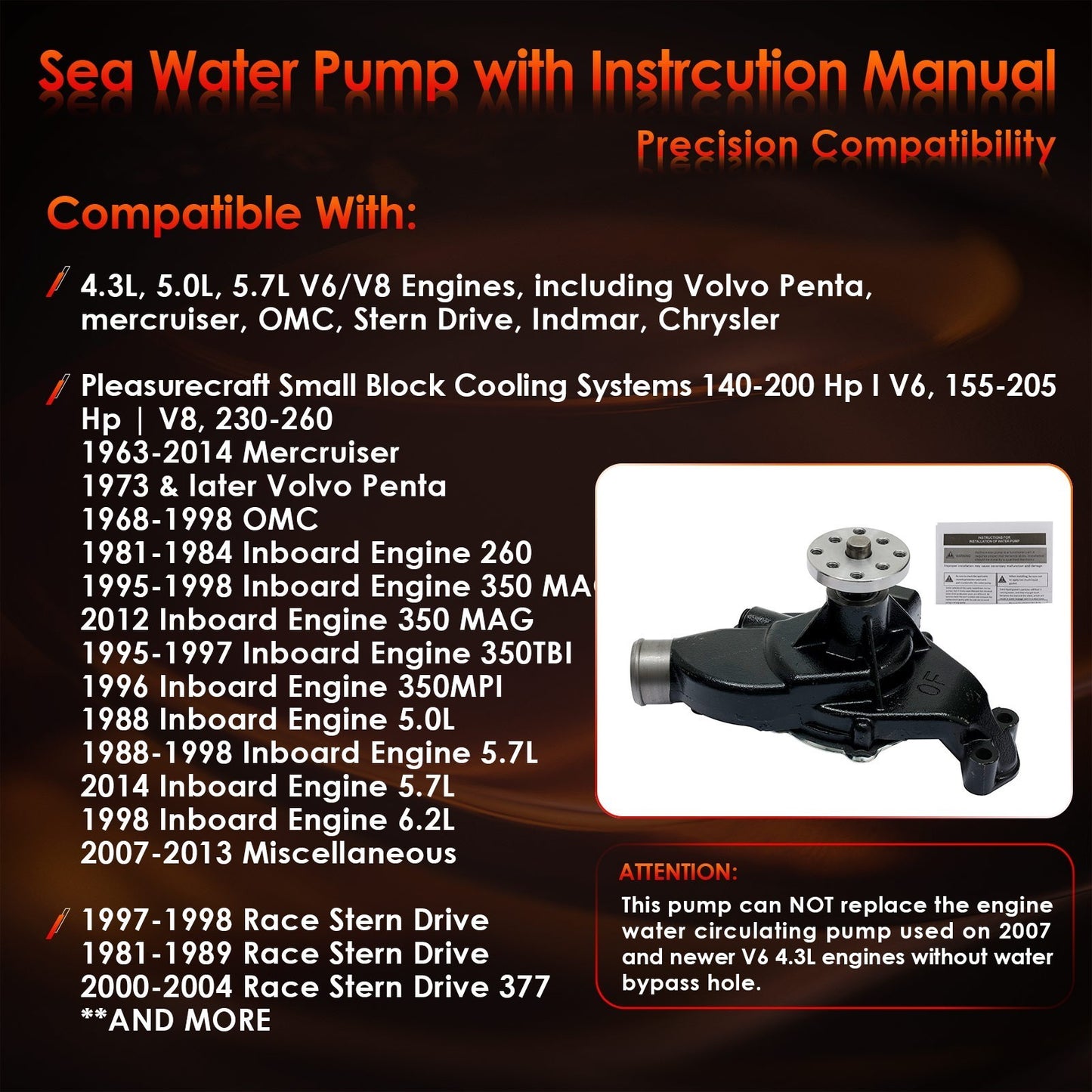 Sea Water Pump For Mercruiser OMC Stern Drive Penta 4.3L 5.0L 8M0113734 8503991