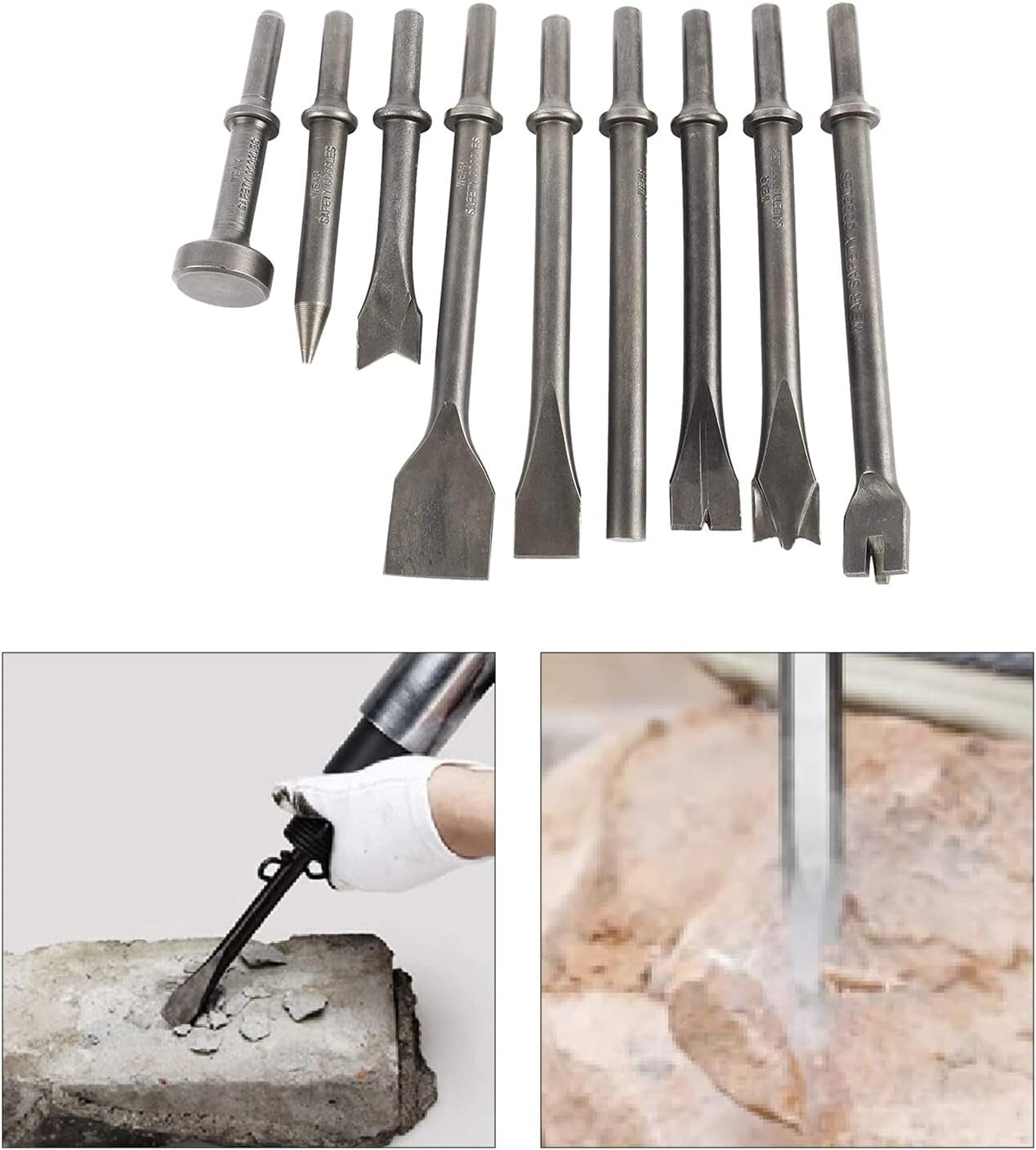 9Pcs Pneumatic Air Hammer Punch Chipping Bits Tool Chisel 0.39In Shank Tool Set