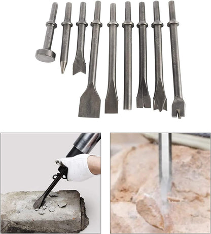 9Pcs Pneumatic Air Hammer Punch Chipping Bits Tool Chisel 0.39In Shank Tool Set