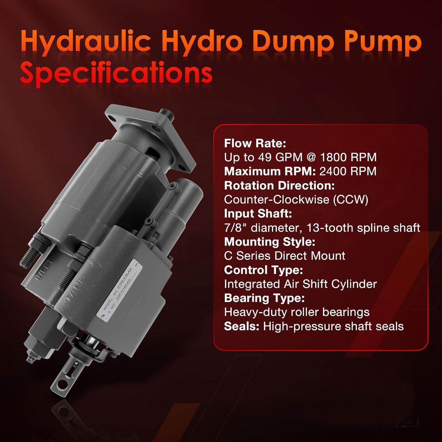 PTO Dump Pump Hydraulic Cylinder C102 Air Shift Direct Mount 7/8" 13-T Spline