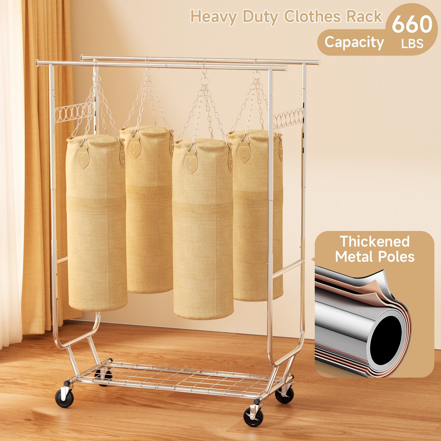 660lbs Clothing Racks with Wheels Heavy Duty Clothes Rack Metal Clothes Storage