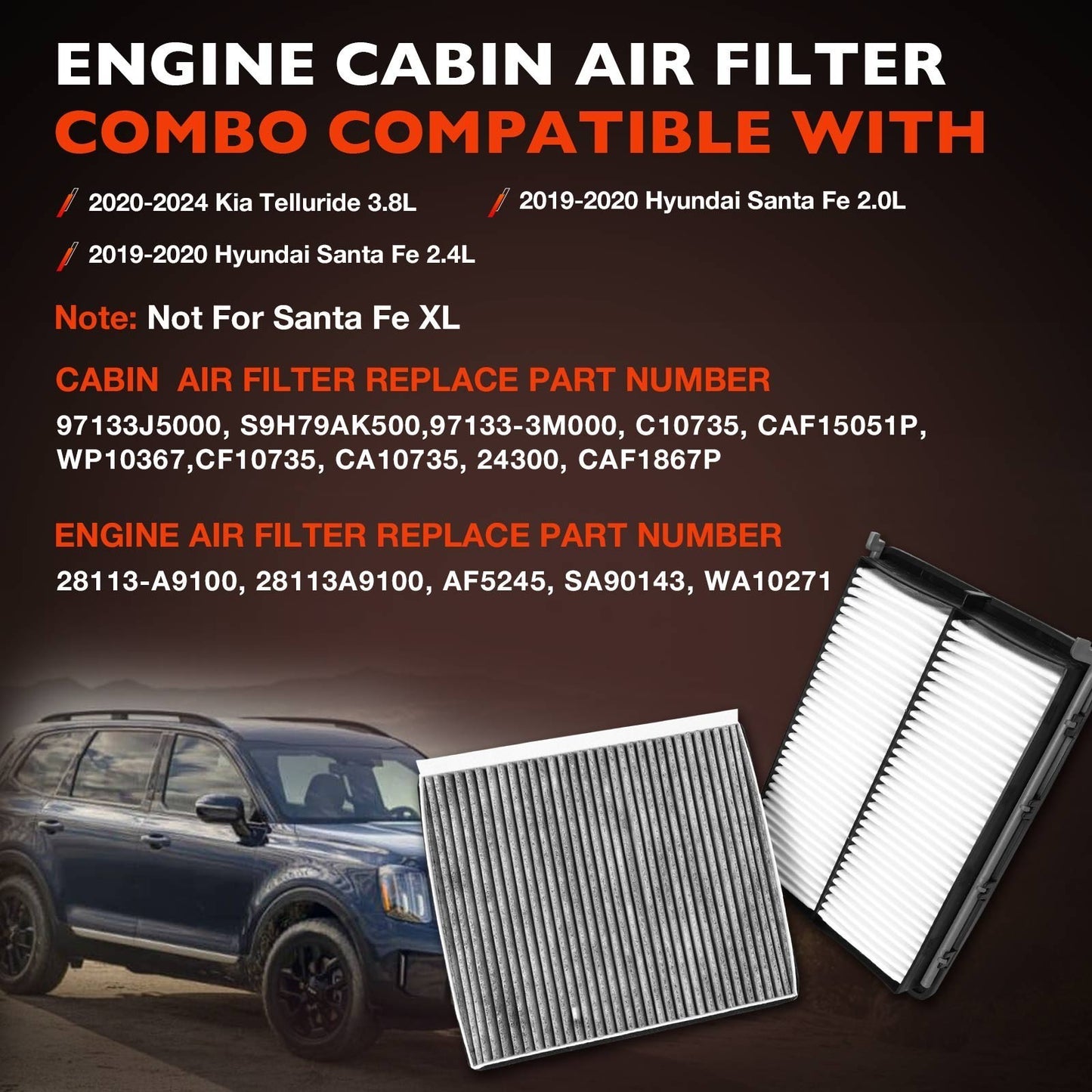 Premium Engine Cabin Air Filter Set For Kia Telluride Hyundai Santa Fe 3.8L 2.0L