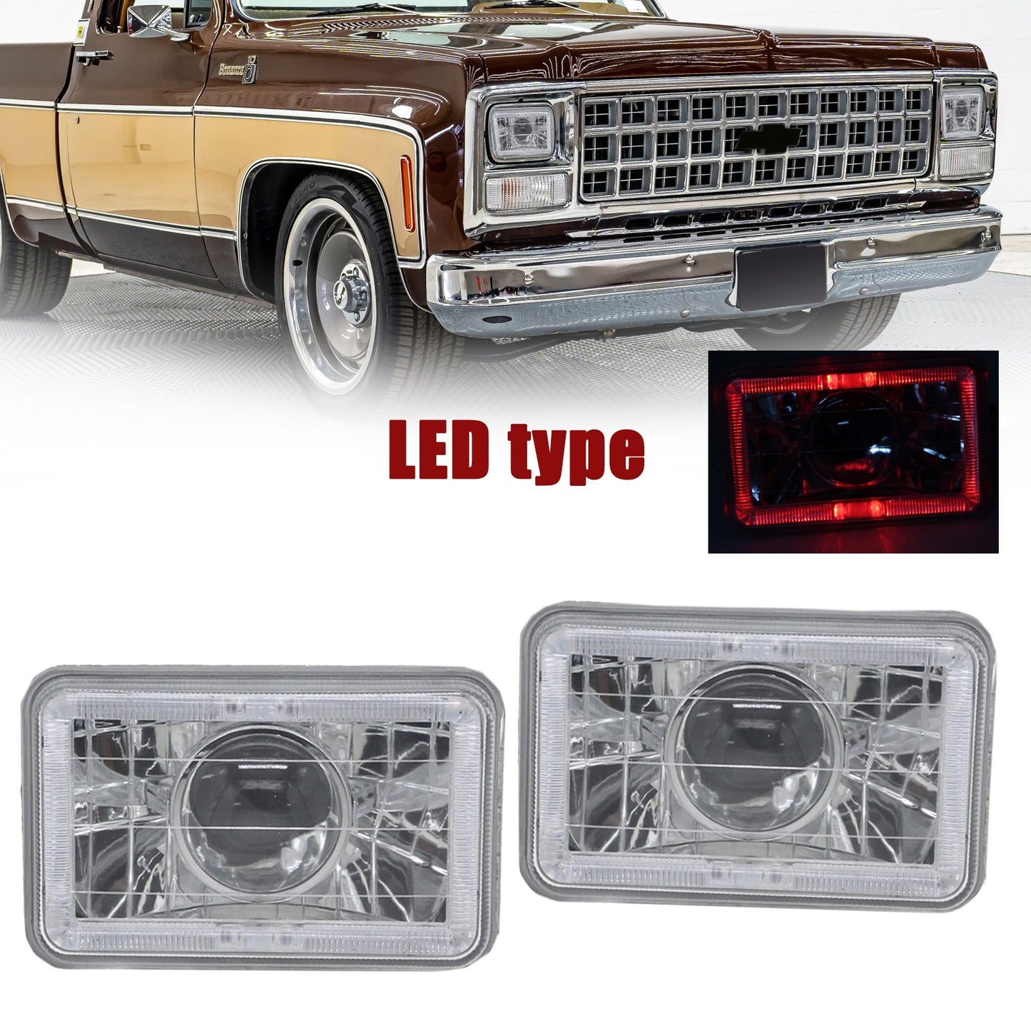 Pair FOR Chevrolet C10 1980 1981 1982 4x6" inch LED Red Clear Lens Headlights