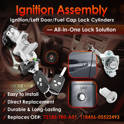 Ignition Switch Lock Cylinder w/ Remote Keys & Door Lock For 2012-14 Honda Civic