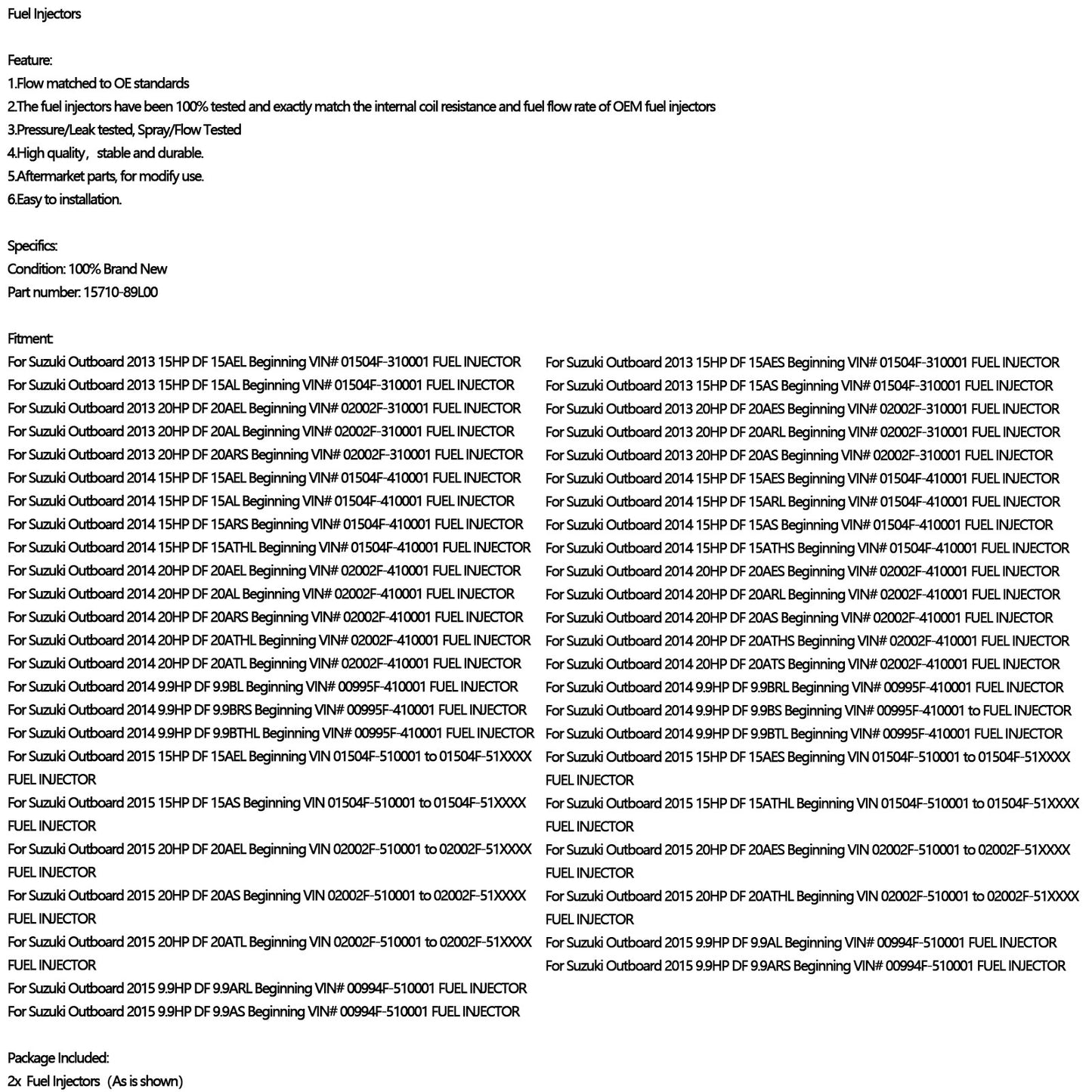 2PCS 15710-89L00 Fuel Injector For Suzuki Outboard DF 15HP 9.9HP 20HP