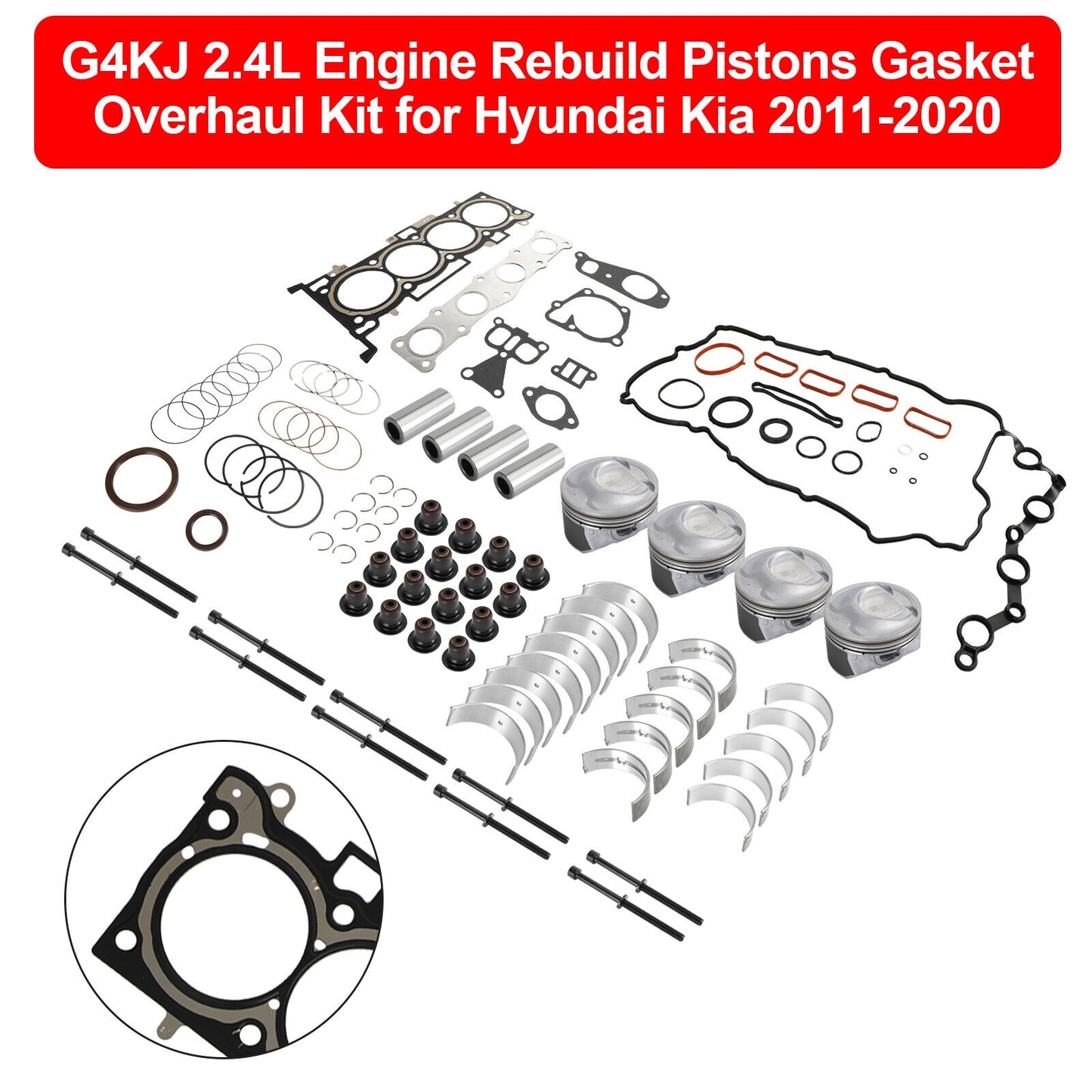 G4KJ 2.4L Engine Rebuild Pistons Gasket Overhaul Kit for Hyundai Kia 2011-20