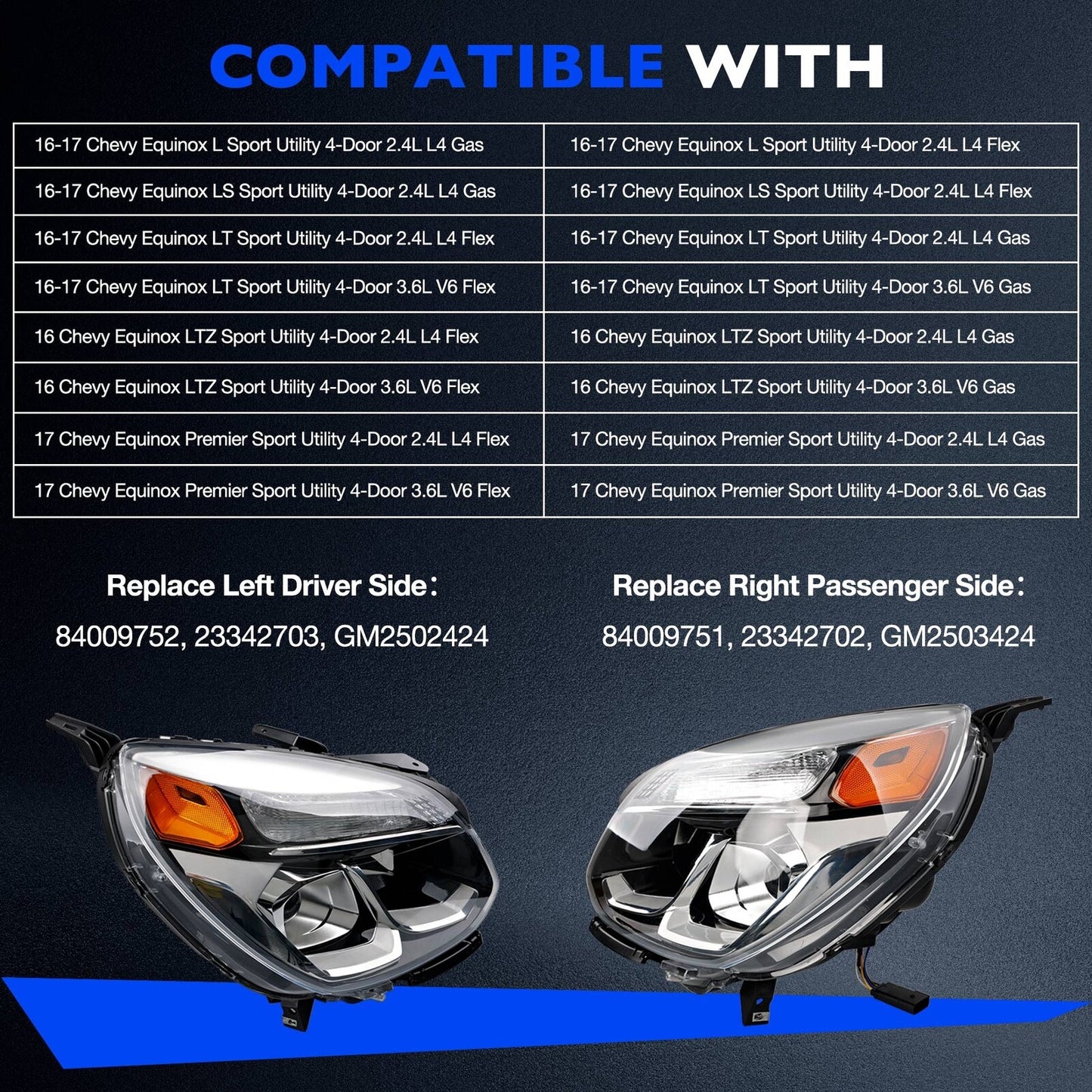 Halogen Chrome Headlight lamp Assy Front Left ＆ Right For 2016-17 Chevy Equinox