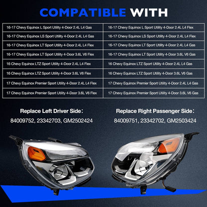 Halogen Chrome Headlight lamp Assy Front Left ＆ Right For 2016-17 Chevy Equinox