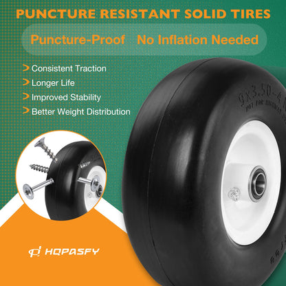 2x 9x3.50-4 Front Flat Free Tire Wheel Set w/ Bearings For Zero-Turn Lawn Mower