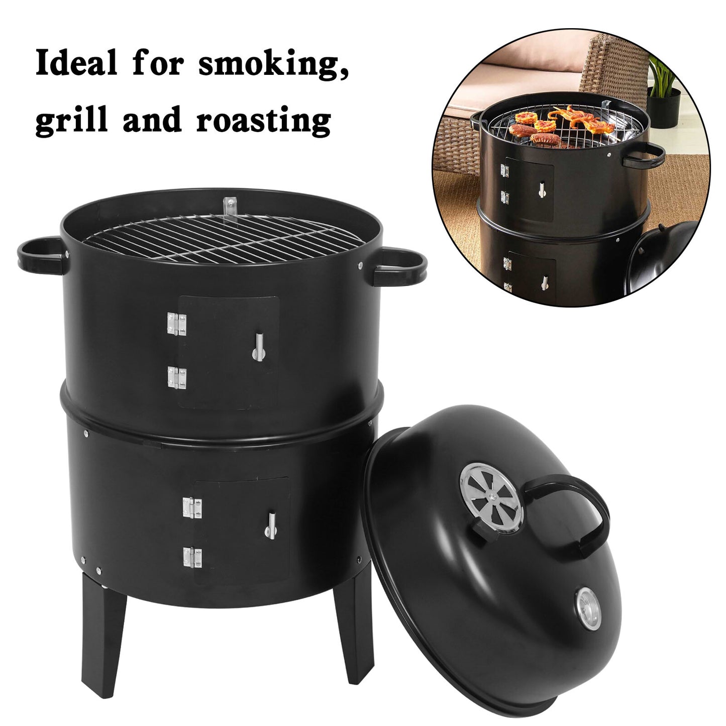 Detachable 3-in-1 Vertical Charcoal Smoker Portable BBQ Smoker Grill