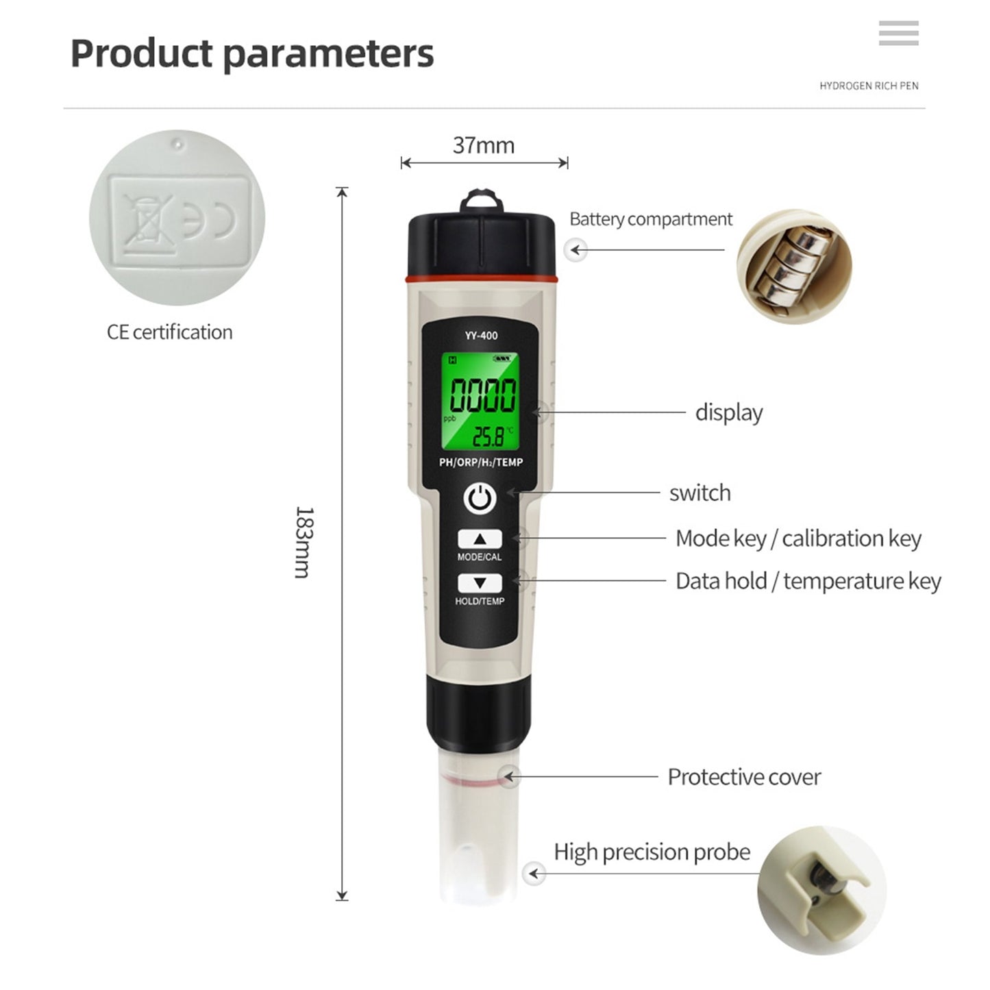 ??Portable 4 In 1 Hydrogen-Rich Test Pen PH/ORP/TEMP Water Quality Meter Tester