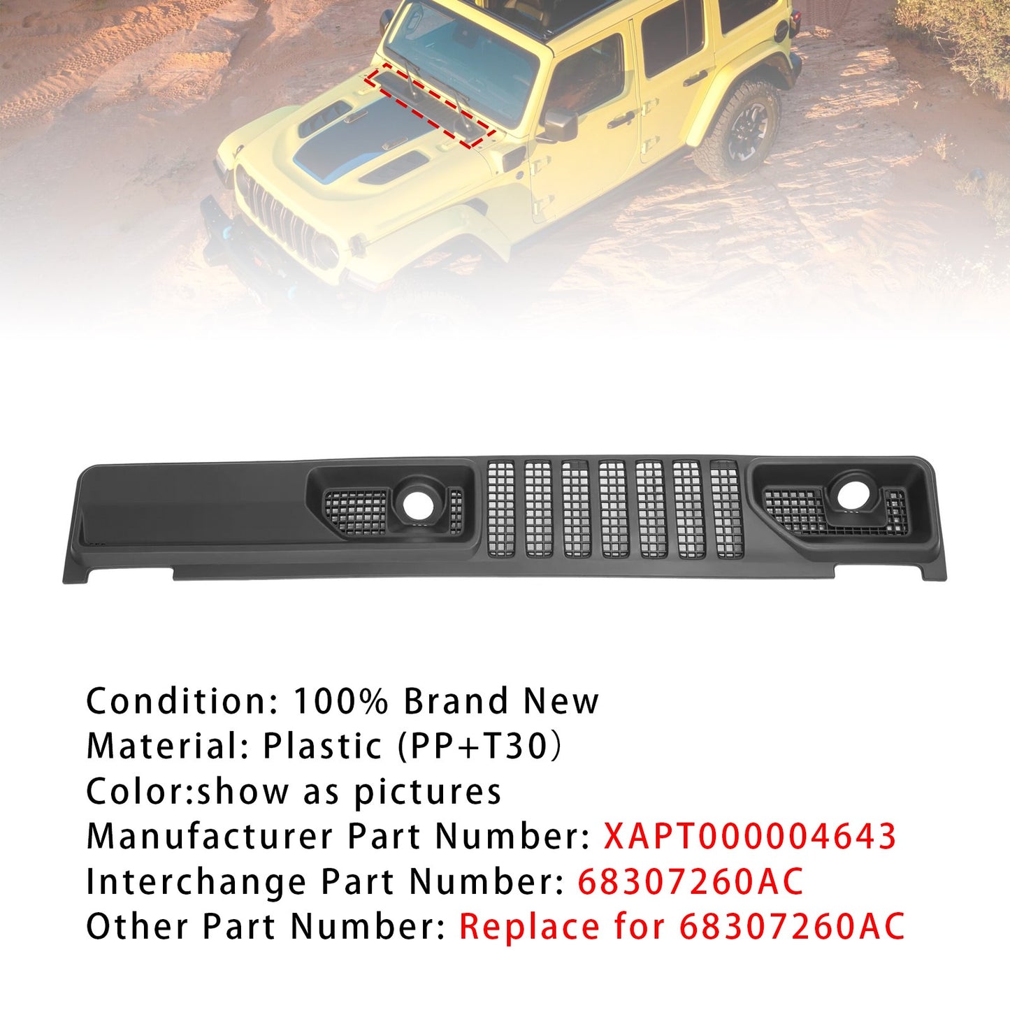 Wiper Cowl Panel Grille 68307260AC For Jeep Wrangler JL / Gladiator 2018-24