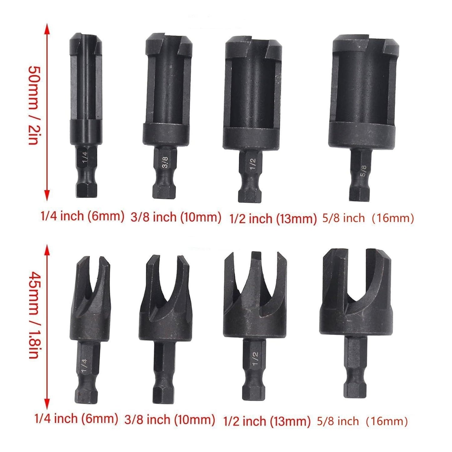 8Pcs Wood Plug Cutter Straight & Tapered Taper Drill Bit Set 1/4 Inch Hex Shank
