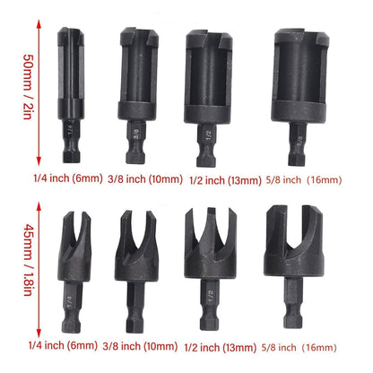 8Pcs Wood Plug Cutter Straight & Tapered Taper Drill Bit Set 1/4 Inch Hex Shank