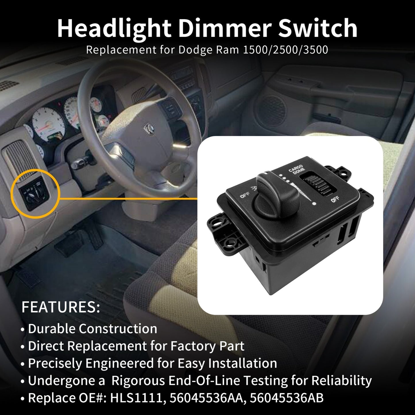 Headlight Headlamp Cargo Lamp Dimmer Switch w/o Foglamp For Ram 1500 2500 3500