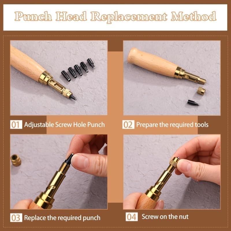 Manual Leather Hole Punch Tool with Handle 6 Replaceable Tips for Belt Bag Craft