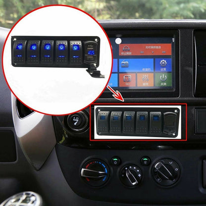 6 Gang Toggle Rocker Switch Panel Dual USB for Car Boat Marine RV Truck Blue LED