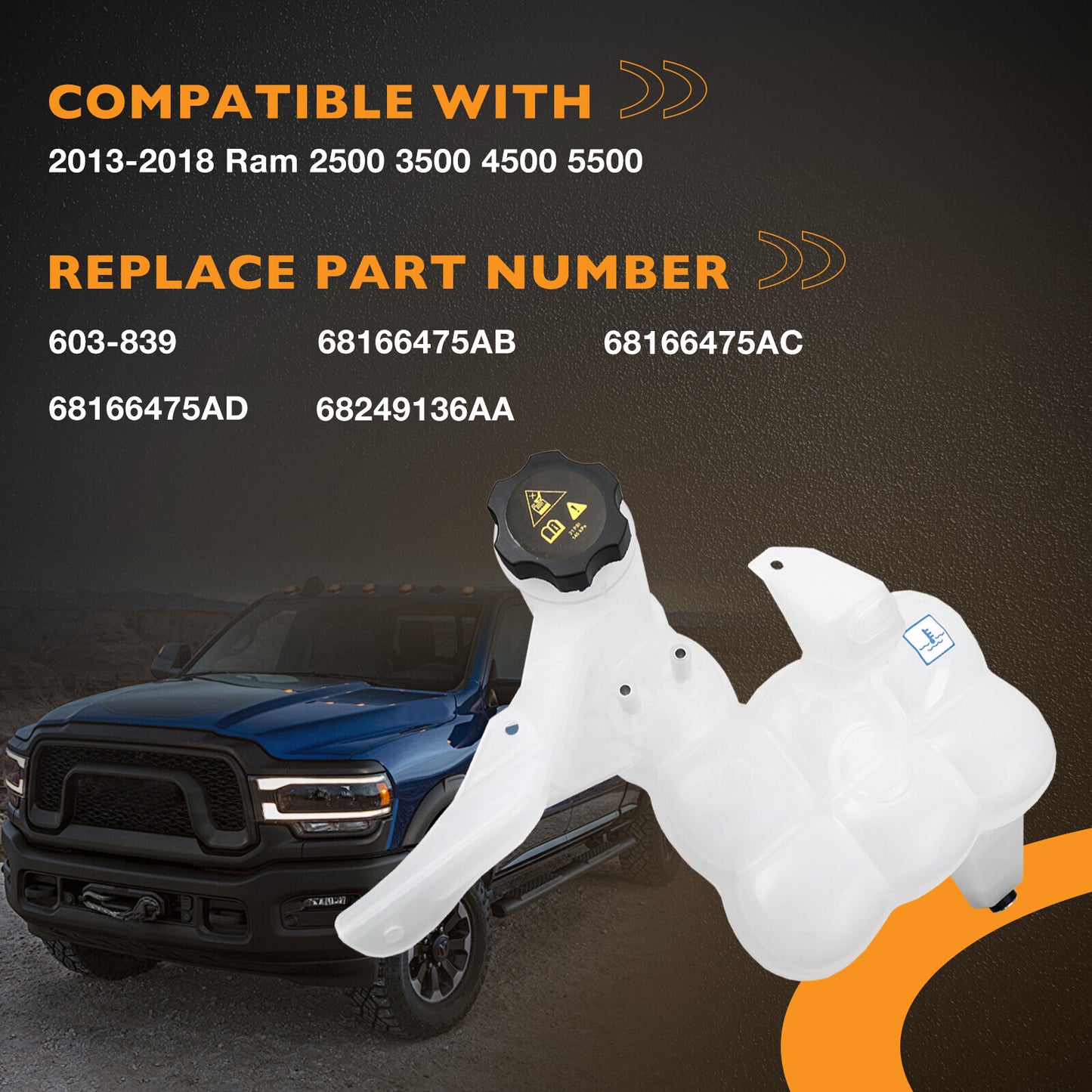 603-839 Engine Coolant Reservoir w/Cap For 2013-2018 Ram 2500 3500 4500 5500