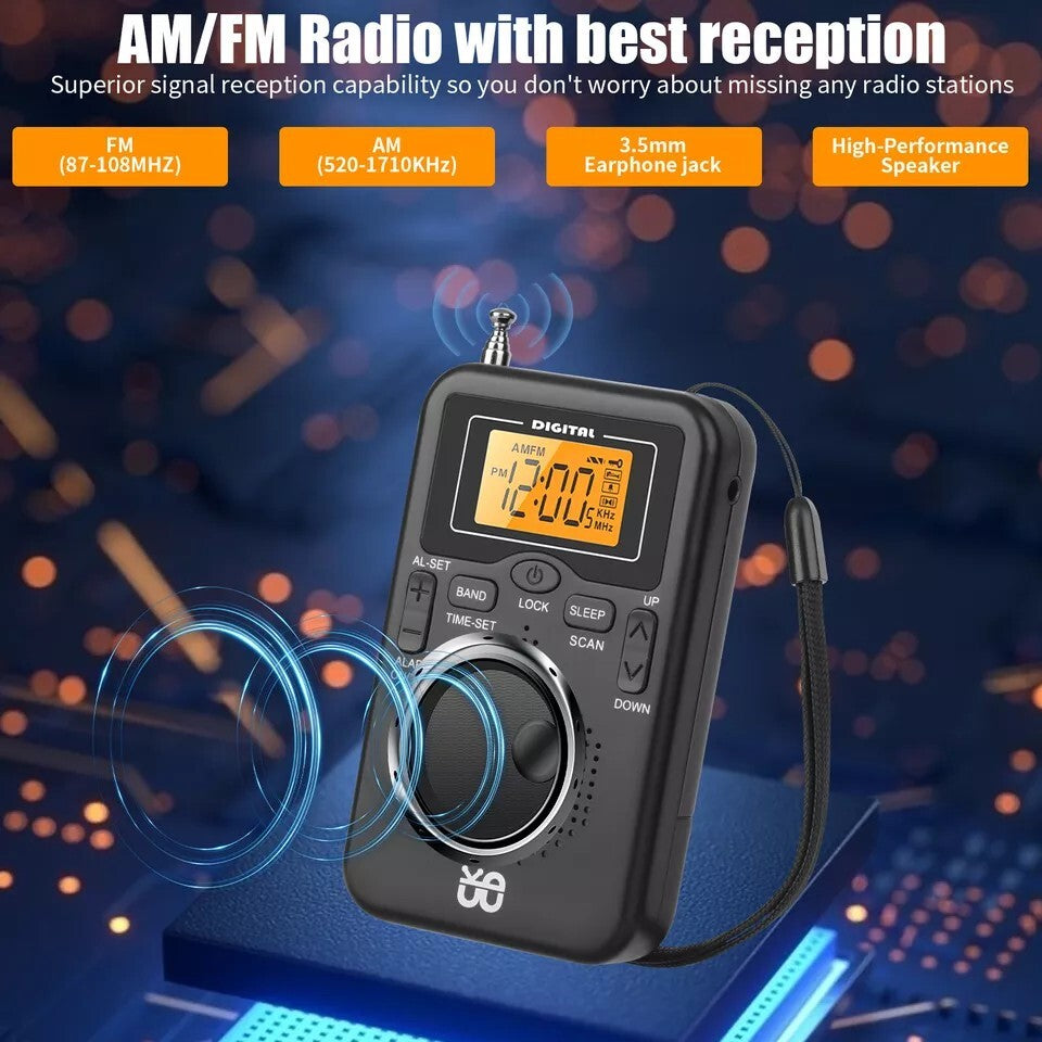 Portable Pocket AM FM Radio w/Digital LCD Screen Display Loud Speaker for Sports