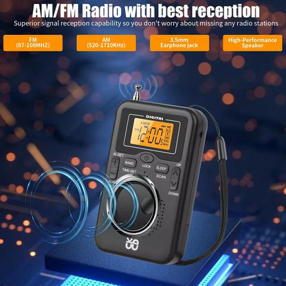 Portable Pocket AM FM Radio w/Digital LCD Screen Display Loud Speaker for Sports