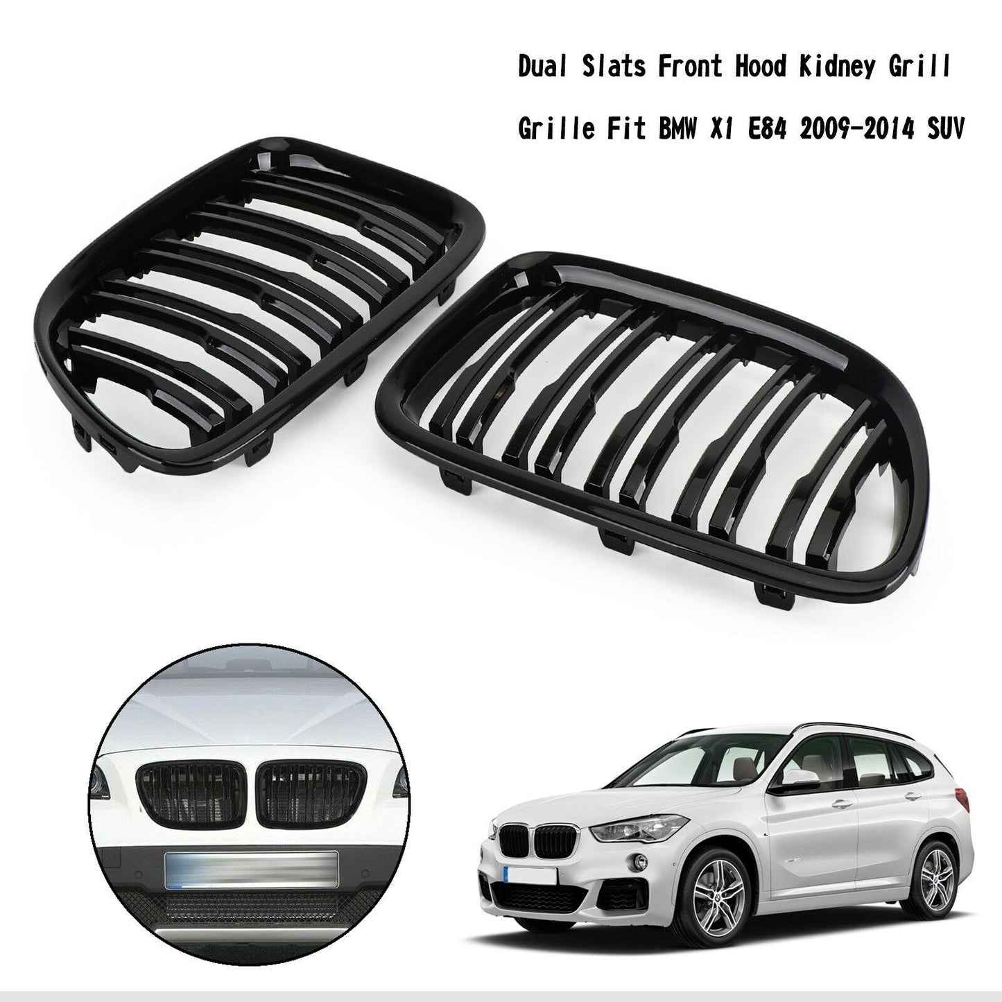 Gloss Black Dual Slats Front Hood Kidney Grill Grille Fit BMW X1 E84 2009-14 SUV